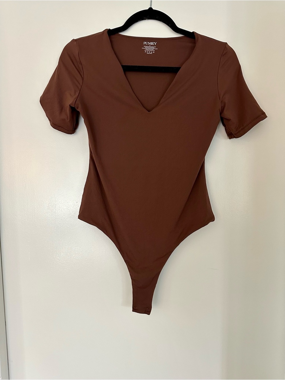 Pumiey Women's V-Neck Short Sleeve Brown Bodysuit